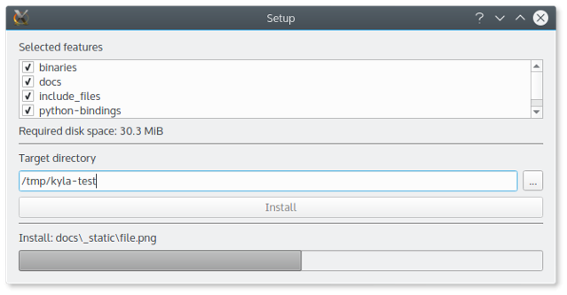 An installer wizard window, with a selection of components at the top, and a progress bar at the bottom.