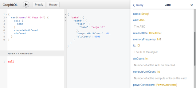 Image showing the GraphiQL query editor, with the query itself on the left hand side, the result in the middle, and the documentation on the right side.