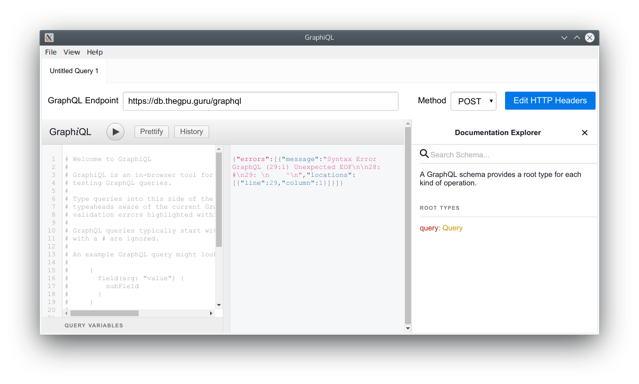 Screenshot of GraphiQL, showing a three-column view with the query, the query result, and documentation.