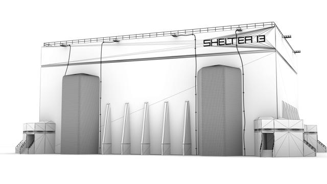 The Shelter 13 building rendered ith ambient occlusion, showing it in false colors to illustrate the geometry.